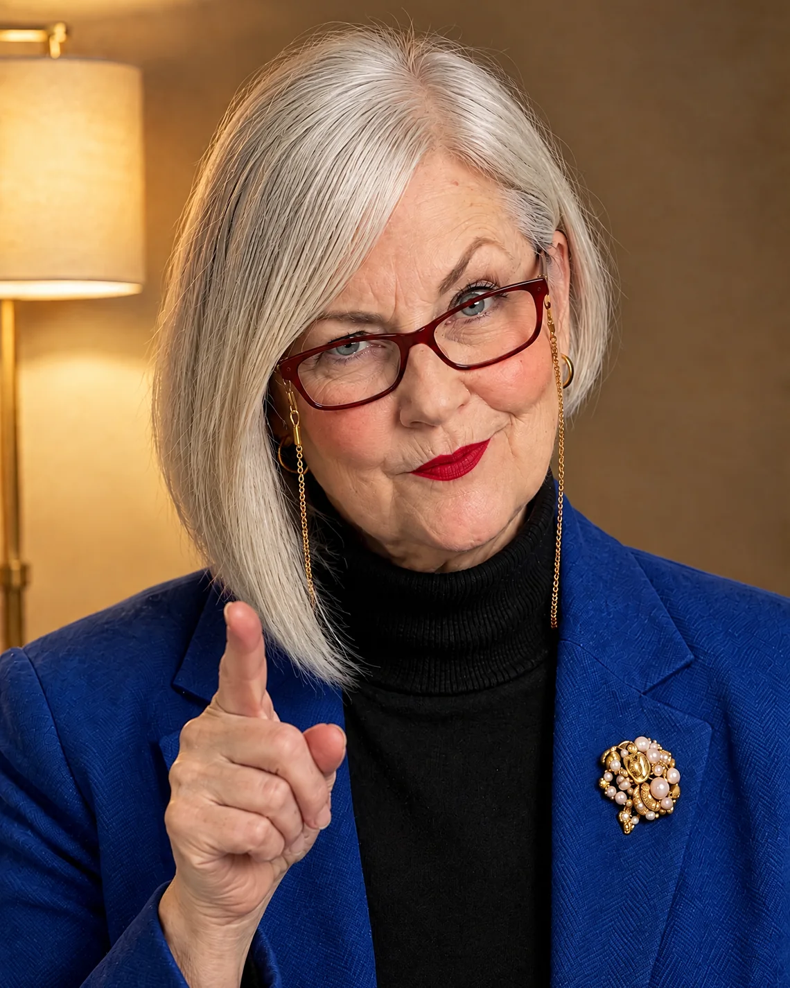 Mags Hartley in her cobalt blazer, one eyebrow raised and lips pursed, wagging her finger at you like she’s telling you off